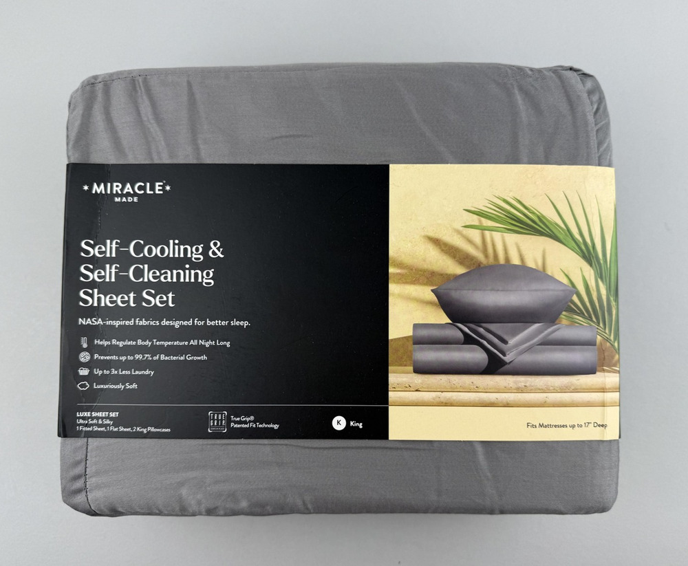 Miracle Made King Luxe Sateen Sheet Set Self-Cooling Self-Cleaning Gray 4pc